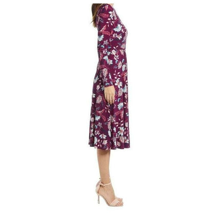Eliza J Floral Aubergine Long Sleeve Midi Dress Size 4 in Maroon Multicolor NWT