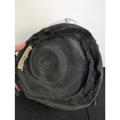 Vintage Black Pillbox Hat Veil 1940s 50s Noir Goth Mourning Pinup Rockabilly