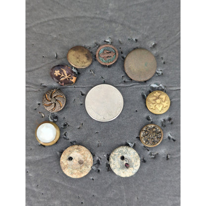 LOT LL of 10 Antique Vintage Victorian Brass Mixed Materials Buttons ESTATE FIND