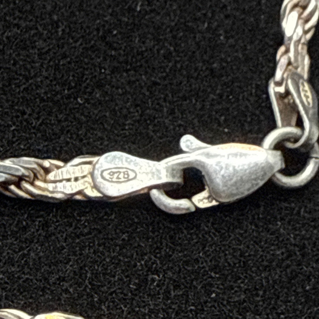 Mexican Sterling Silver Mother of Pearl Rectangular Pendant Necklace Rope Chain