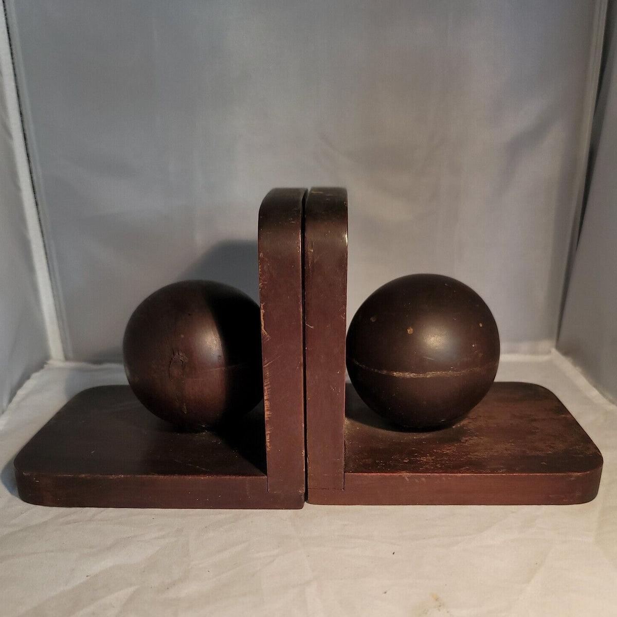 Vintage Pair Carved Wood Sphere Balls Orb BookEnds Walnut checkerboard Inlay MCM