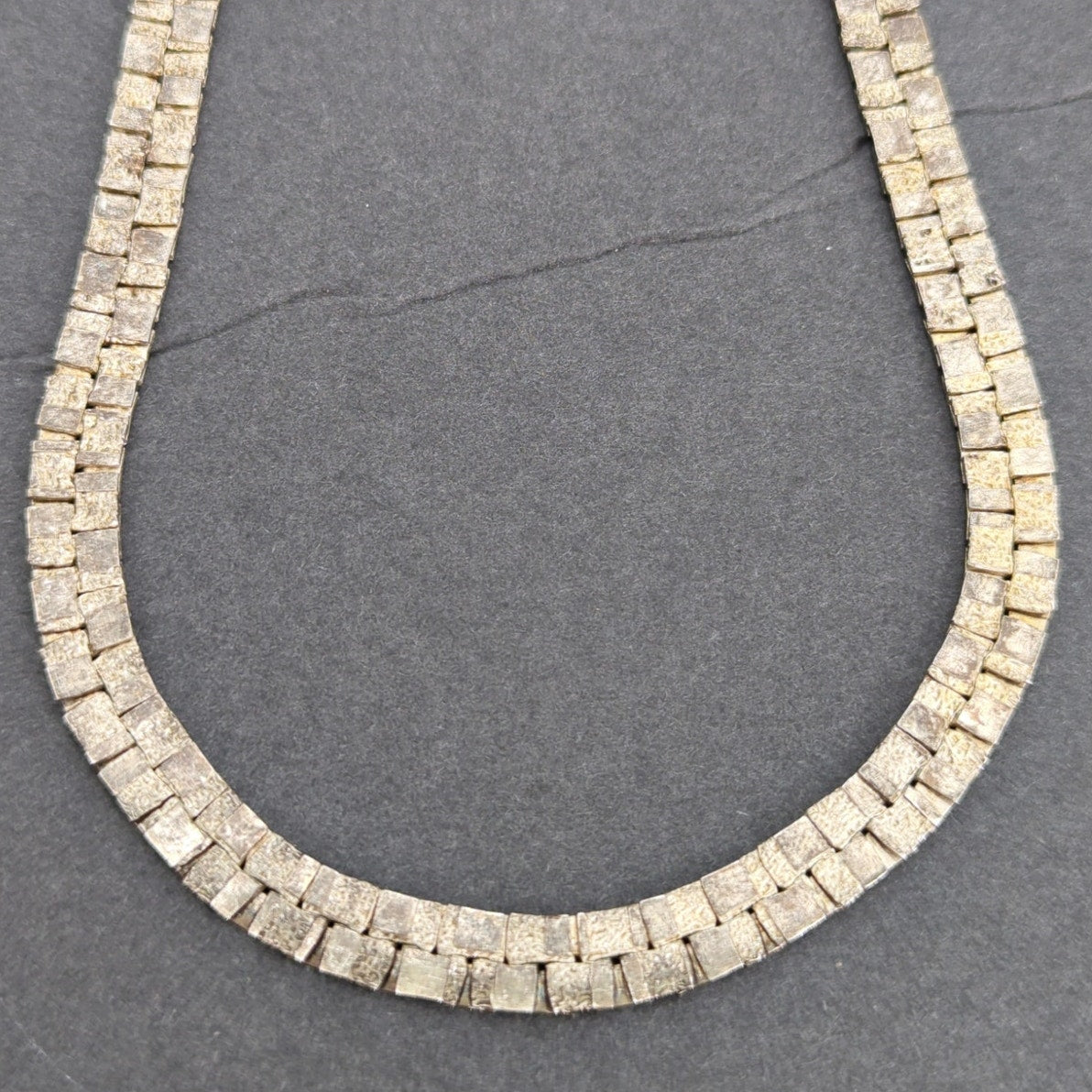Vintage 80s Brutalist Gold Tone Brick Link Necklace Textured Flat Chain 18"