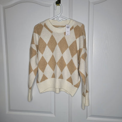 ABERCROMBIE & Fitch NEW Oversize Brown Cream White Argyle Sweater size Small