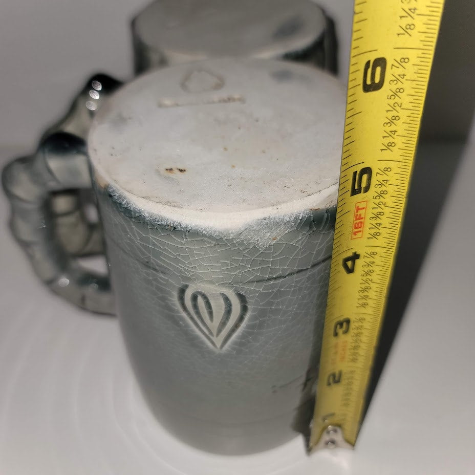 Handmade tall gray Pair of art pottery cups mugs Signed stamped coffee tea
