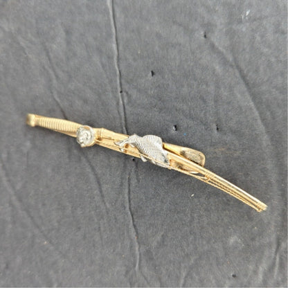 Vintage Gold Tone Fishing Rod Reel Fish on the Line Tie Bar Clip Dad