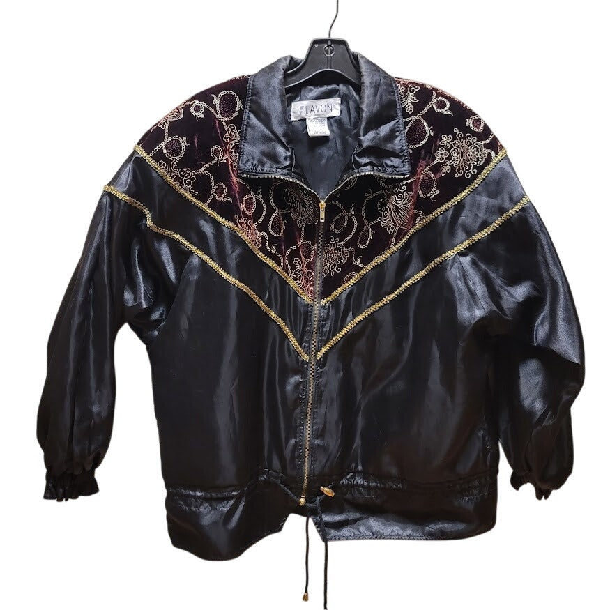 Vintage LAVON Windbreaker Jacket Women LARGE Velour Embroidered Gold cinched 90s