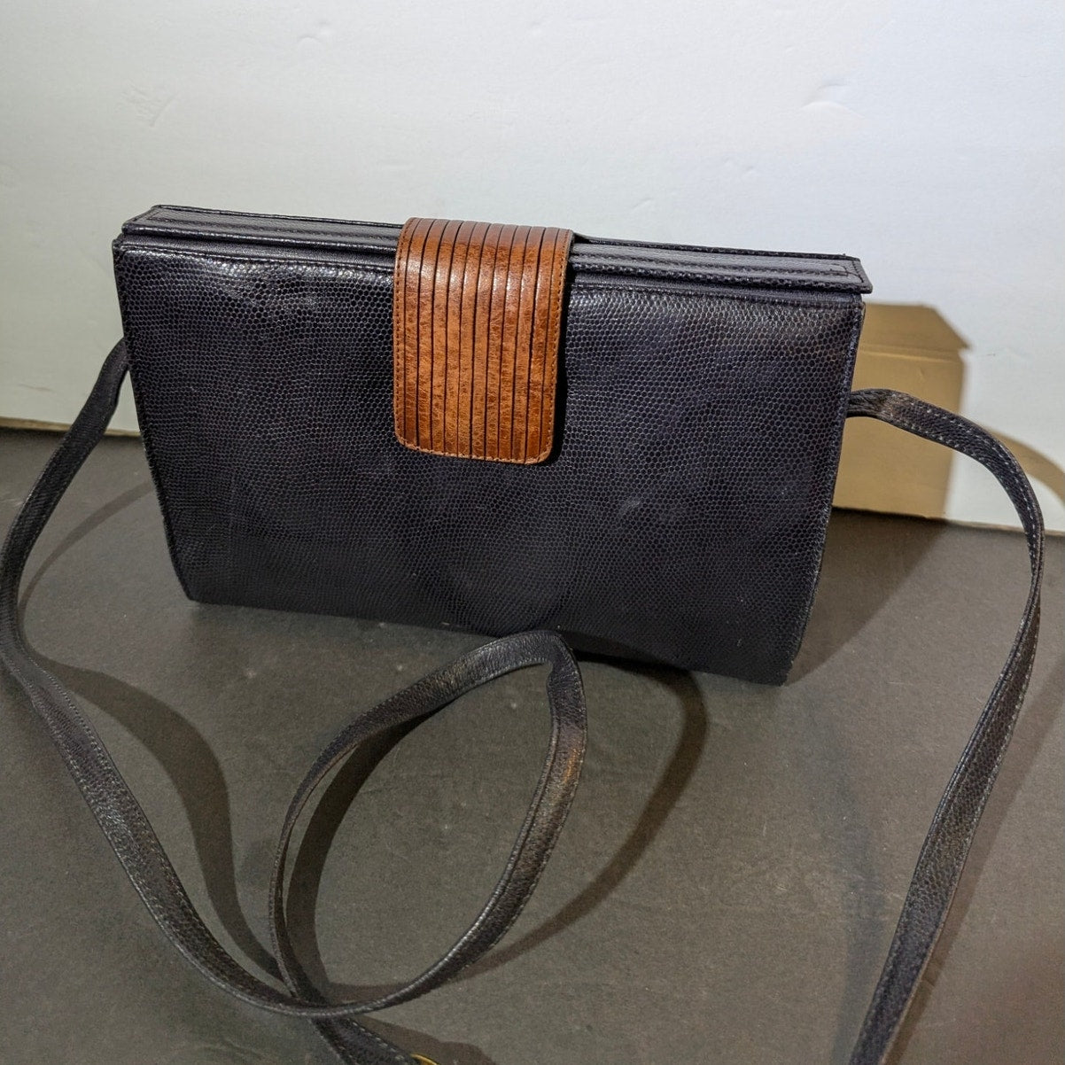 Vintage Bellini Navy Blue Leather Crossbody Bag Brown Accents Y2K Minimalist