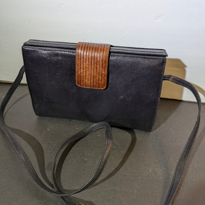 Vintage Bellini Navy Blue Leather Crossbody Bag Brown Accents Y2K Minimalist