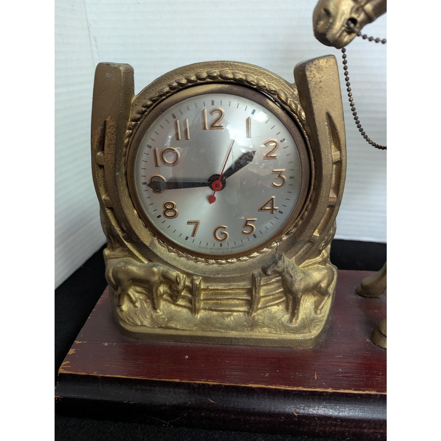 Vintage Kitschy Western Gold Horse Clock Retro Horseshoe Mantel Clock Equestrian