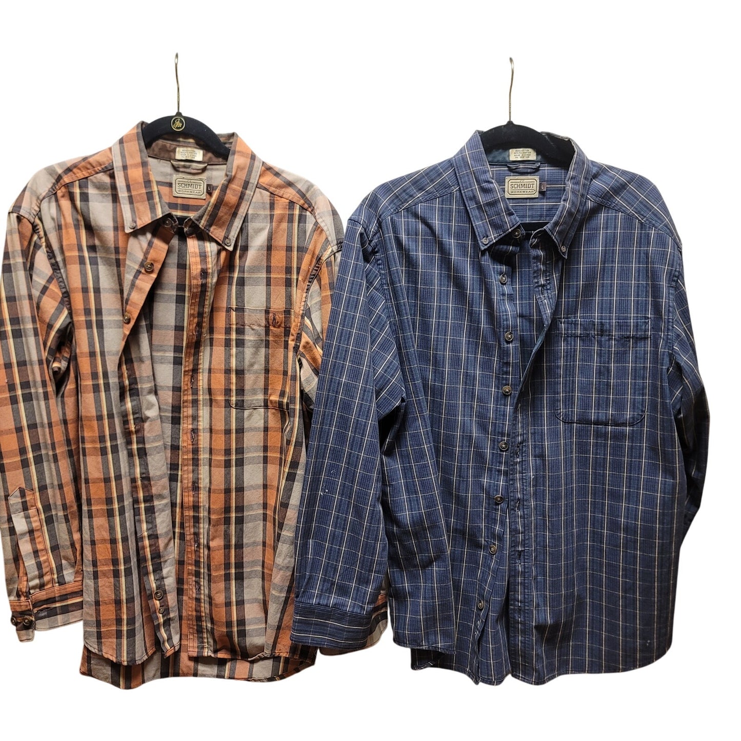 Pair men's LARGE CE Schmidt workwear shirts Long sleeve plaid lot 2 blue brown