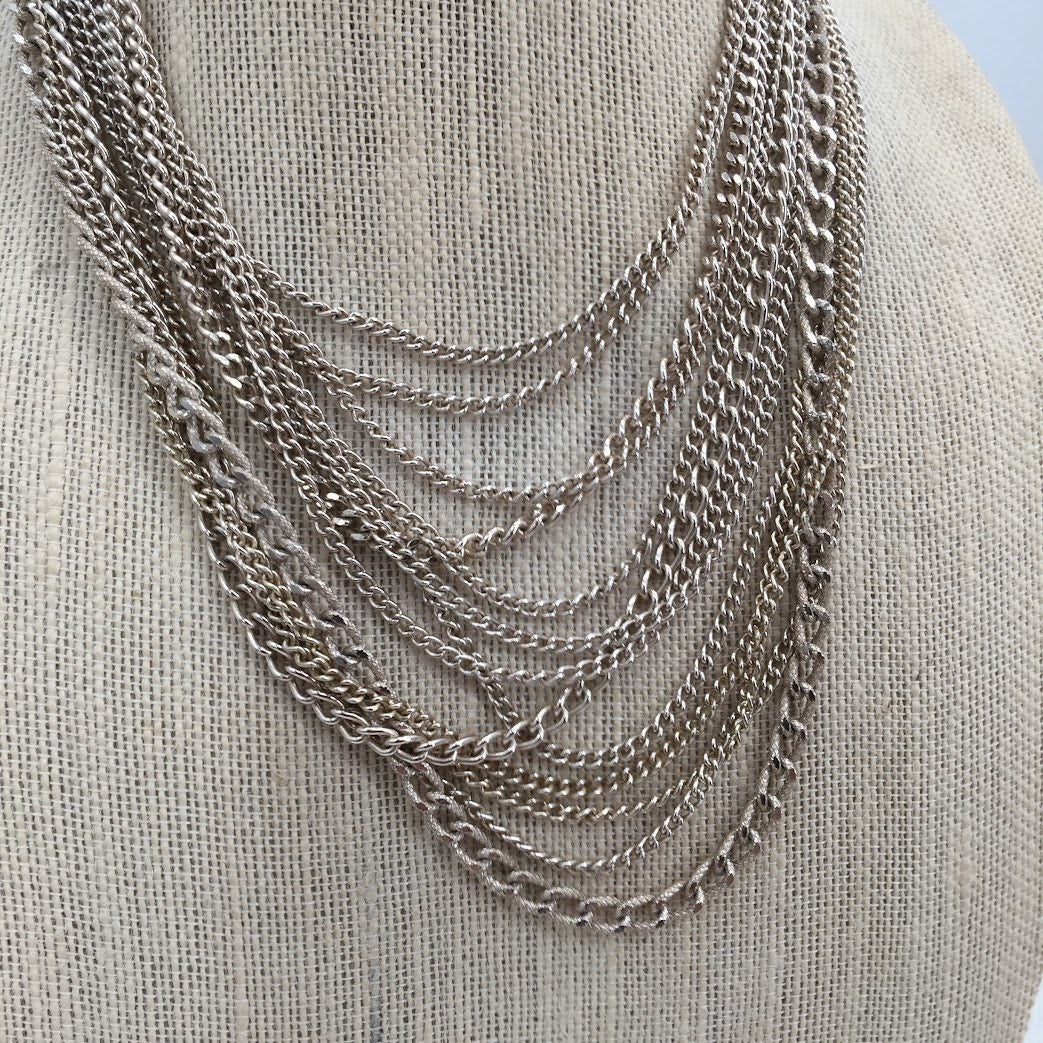 Vintage Fashion Necklace Multi Strands of Chain link Silver-tone REN-Fair DOM