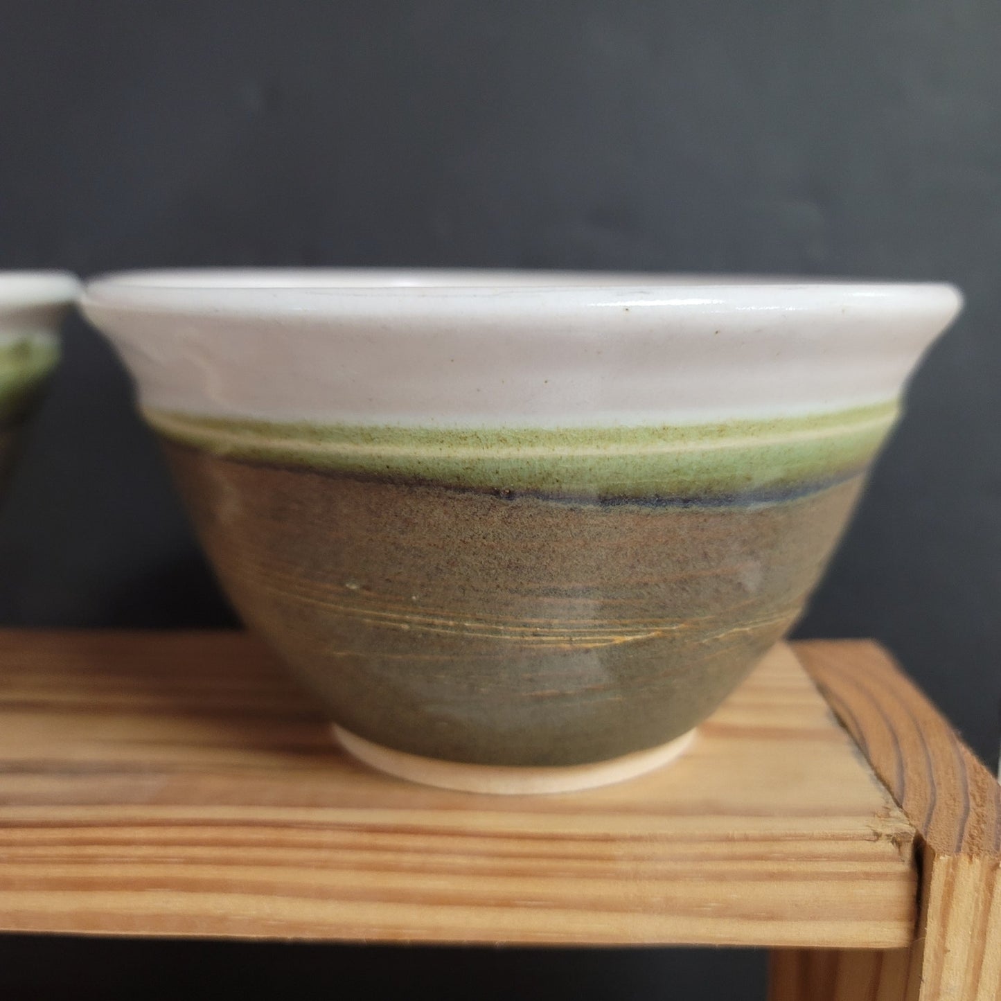 Lot of 2 handmade art pottery studio tea bowls Earthtones Green white sand Clay