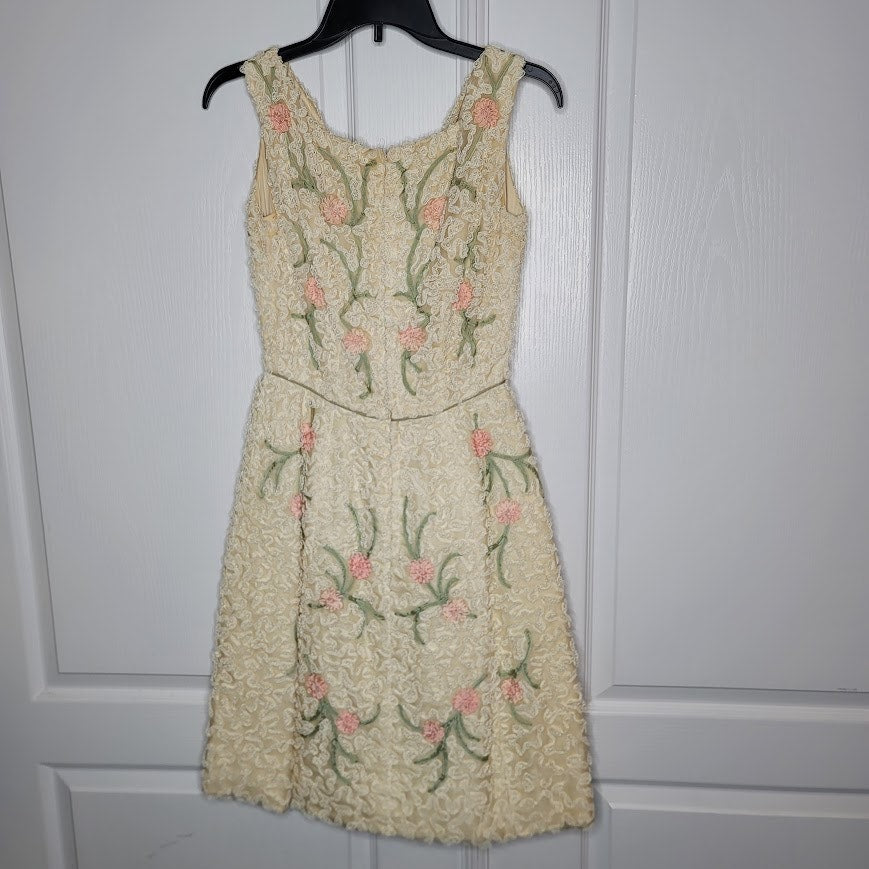 Vintage Esther Pomerantz 50s Sleeveless Dress Crinoline Cream Pink Green Lace