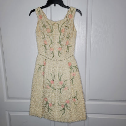 Vintage Esther Pomerantz 50s Sleeveless Dress Crinoline Cream Pink Green Lace