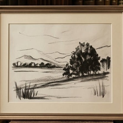 Vintage Minimalist Charcoal Landscape Sketch Framed Wall Art Dark Academia Print