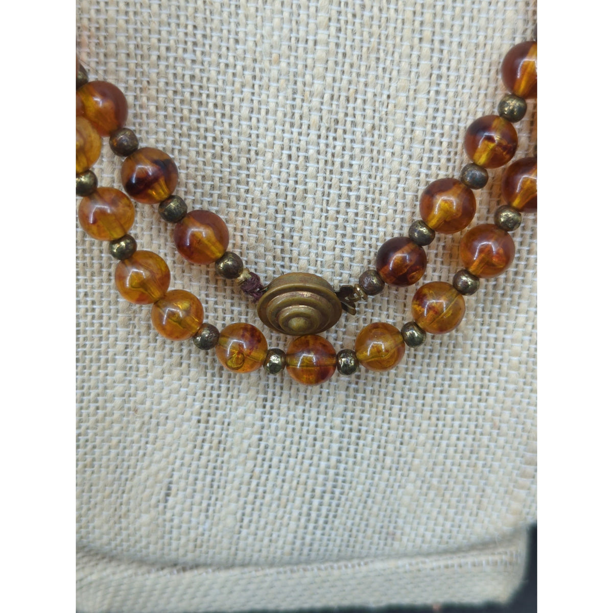 Vintage Amber Glass Bead Gold Tone Box Clasp Strand Necklace Mid-Century