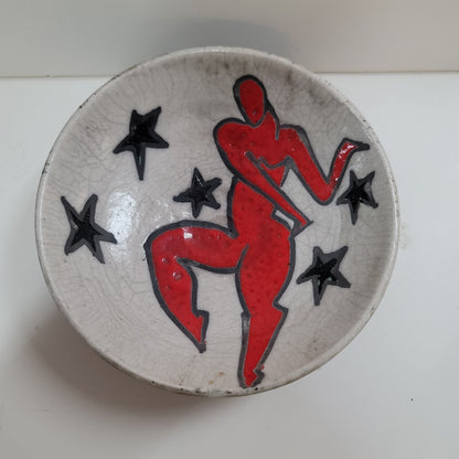 Art pottery female nude red surrounded by stars signed MAB wall decor bowl red