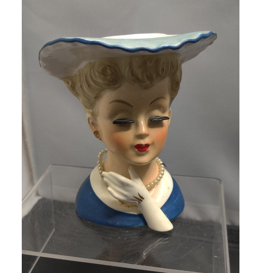 Napco A5046 Blue Lady Headvase Planter MCM Kitsch Retro Collectible Ceramic Vase