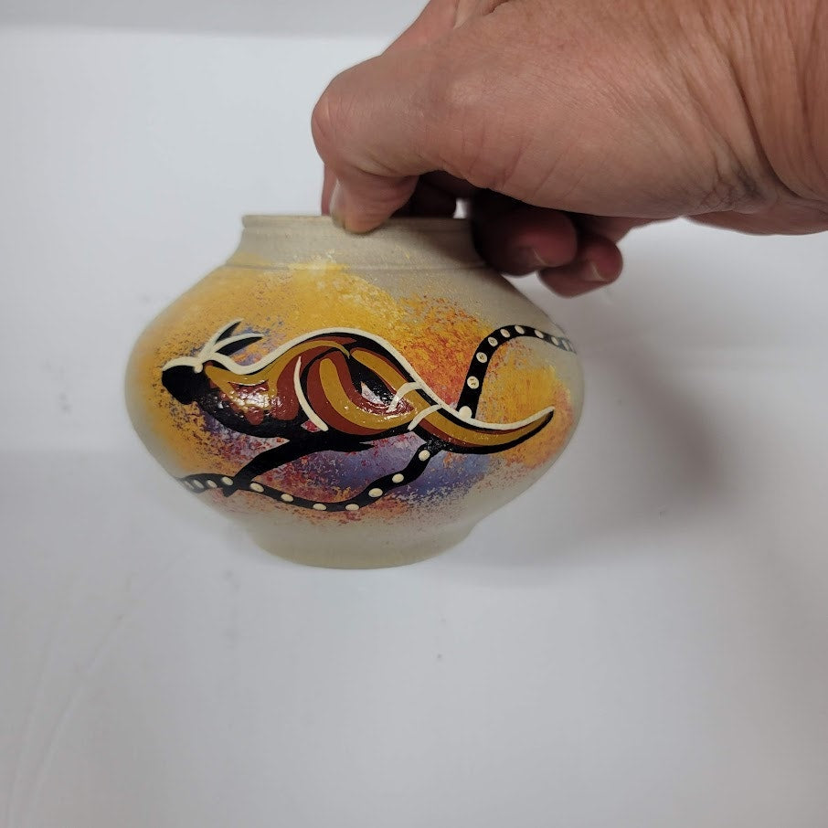 Australia Aboriginal Art Pottery Vase, Kangaroo Signed LB Small mini Vintage