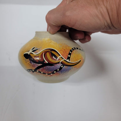 Australia Aboriginal Art Pottery Vase, Kangaroo Signed LB Small mini Vintage