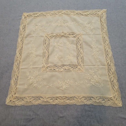 Vintage Linens 70s Tablecloth Hand Embroidery Detail 36" x 36" SQUARE Cream Lace