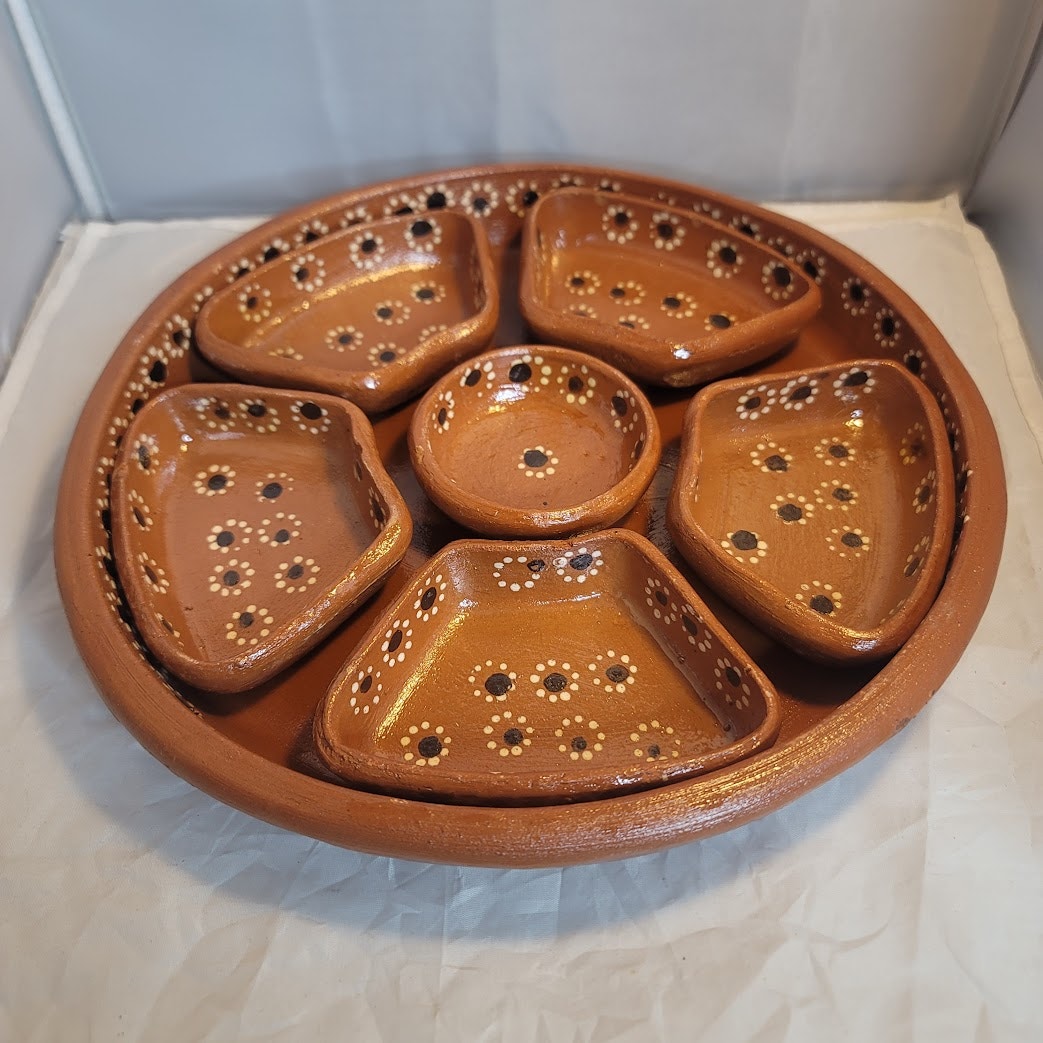 Handmade Hand painted Pottery Serving Platter brown floral divided Salsa 7 Pc.