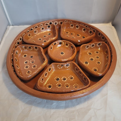 Handmade Hand painted Pottery Serving Platter brown floral divided Salsa 7 Pc.