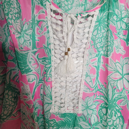 Casey Key Pink & Green Pineapple Lace Bell Sleeve Hi-low Chiffon Blouse XX-Large