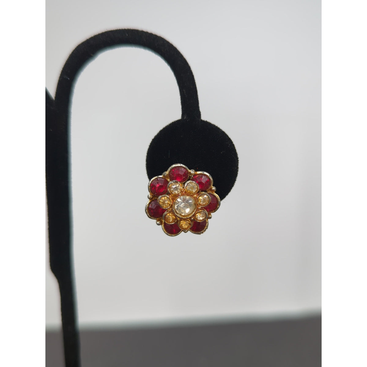 Vintage Ruby & Clear Rhinestone Floral Screw Back Earrings