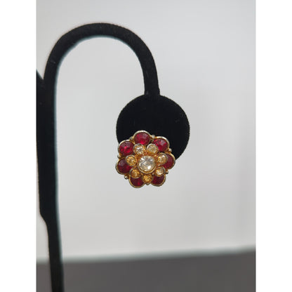 Vintage Ruby & Clear Rhinestone Floral Screw Back Earrings