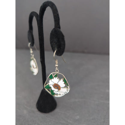 Vintage Floral Cloisonné Enamel Dangle Earrings Silver Tone Pierced Retro