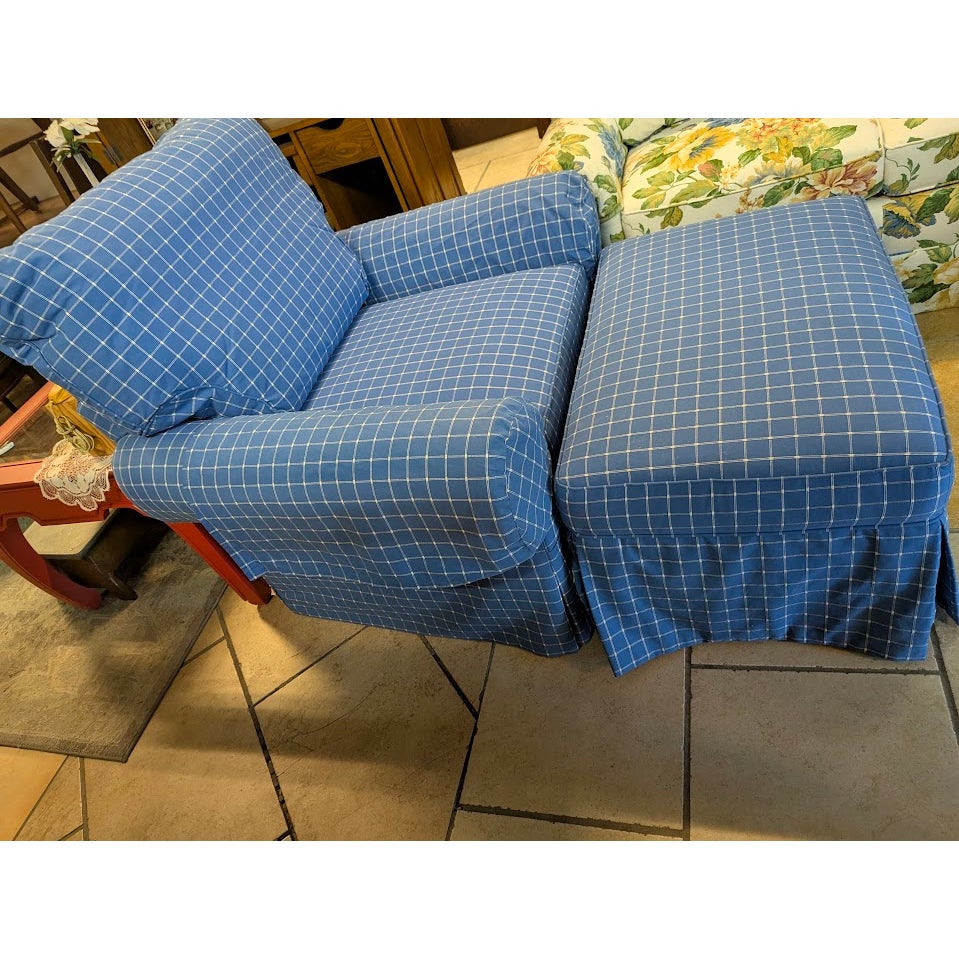 SECONDHAND SANDIES: Overstuffed skirted Armchair and Matching Ottoman Blue white Plaid