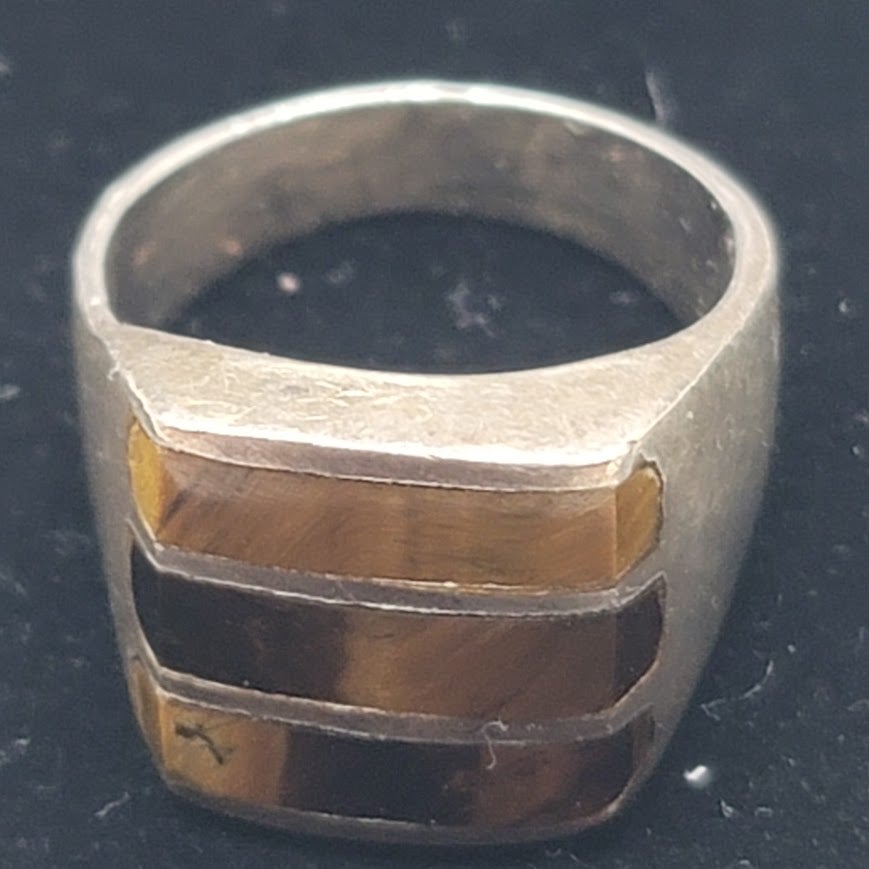 Mid-Century Taxco Mexico Sterling Silver Triple Bar Tiger Eye Statement Ring Sz9