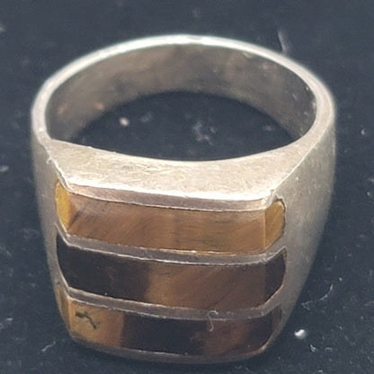 Mid-Century Taxco Mexico Sterling Silver Triple Bar Tiger Eye Statement Ring Sz9