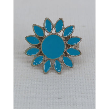 Vintage Silver Tone Enamel Sunflower Ring Boheme Bohemian Daisy Y2K Light Blue
