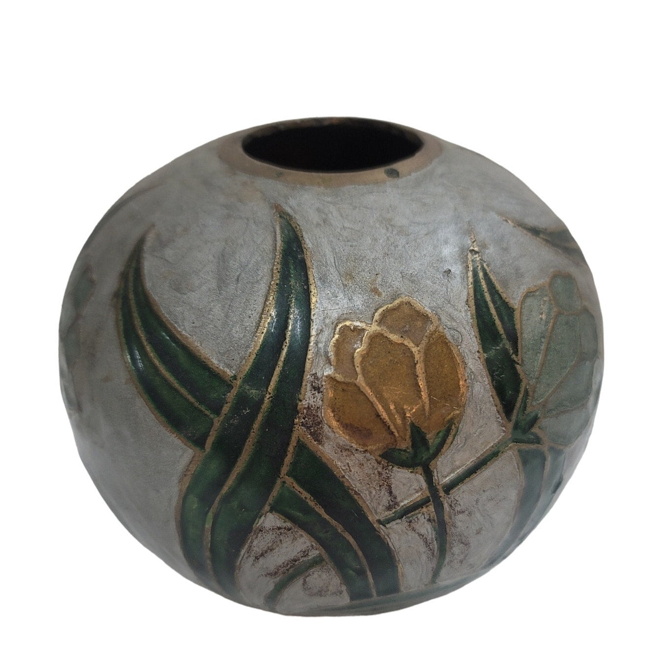 Vintage Mid Century Spherical Round Enamel and Brass Pot Vase Flowers