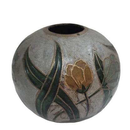 Vintage Mid Century Spherical Round Enamel and Brass Pot Vase Flowers