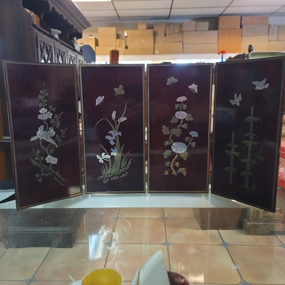 Vintage Chinoiserie 4-Panel Tabletop Screen | Silver Metal Inlay Art
