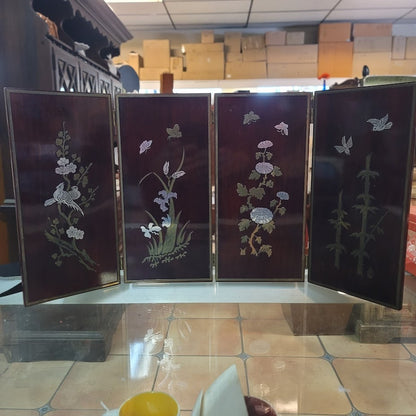 Vintage Chinoiserie 4-Panel Tabletop Screen | Silver Metal Inlay Art