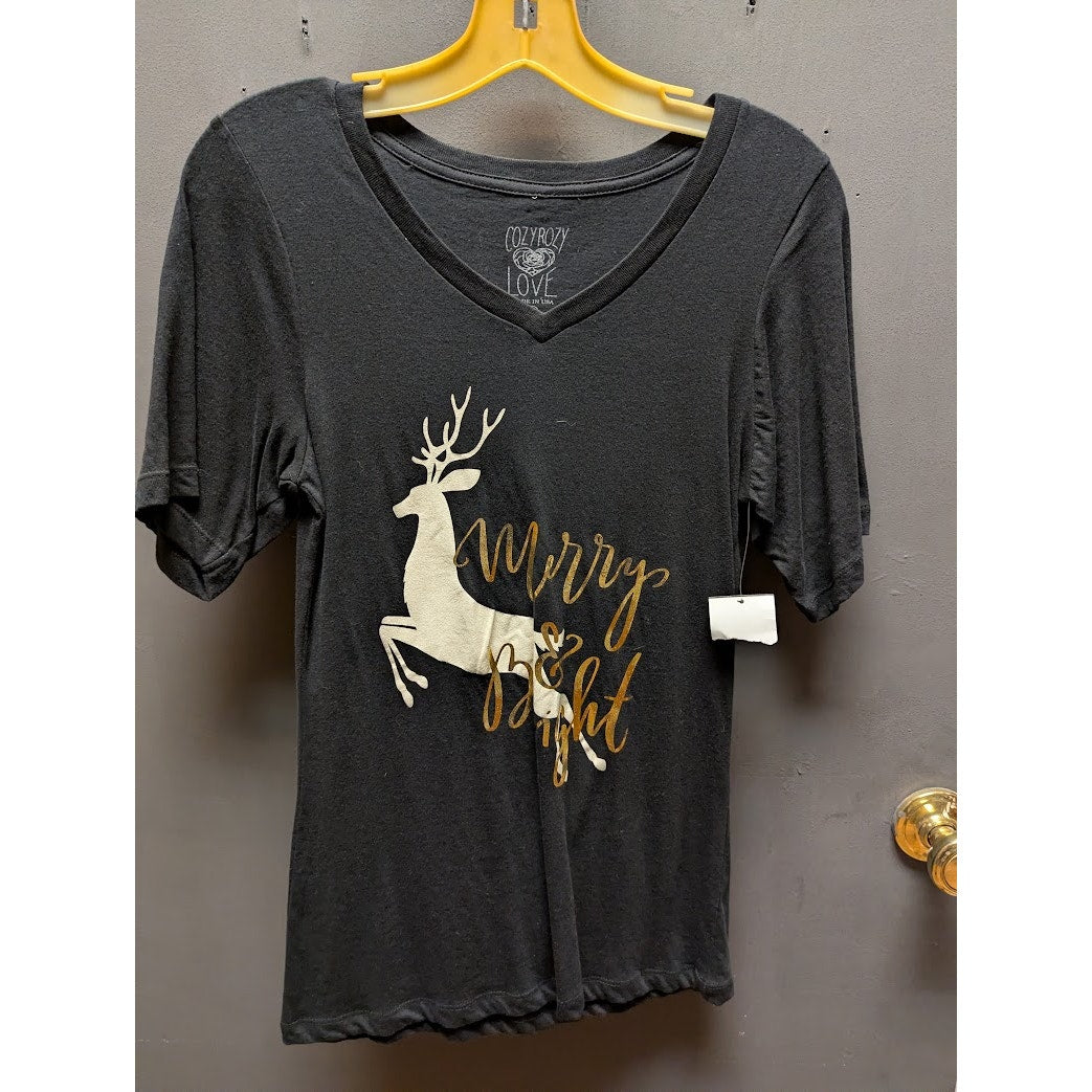 Cozy Rozy Size Large Black Reindeer Merry and Bright holiday Tshirt NEW light