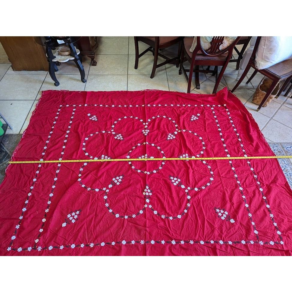 Vintage Cotton Coverlet 2 Shams Queen/Full red white embroidery Floral Medallion