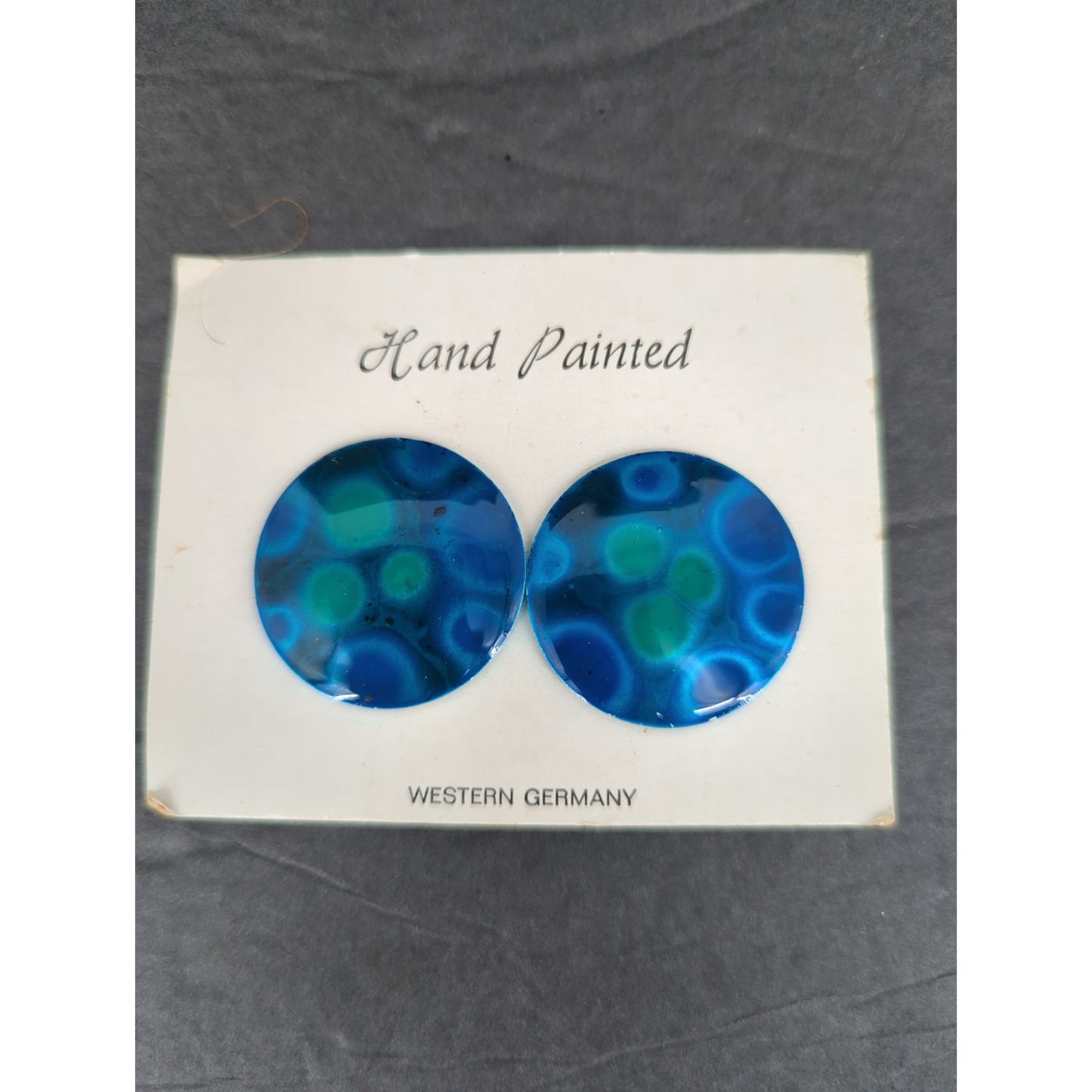 Vintage West Germany Hand Painted Enameled Metal Clip On Earrings Abstract BLUE