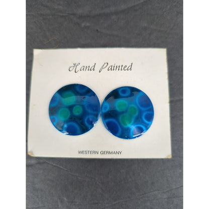Vintage West Germany Hand Painted Enameled Metal Clip On Earrings Abstract BLUE