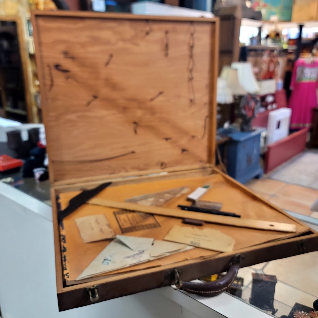 Vintage Wood Drafting Set Architect Case MCM Academia Industrial Prop Kit 60's