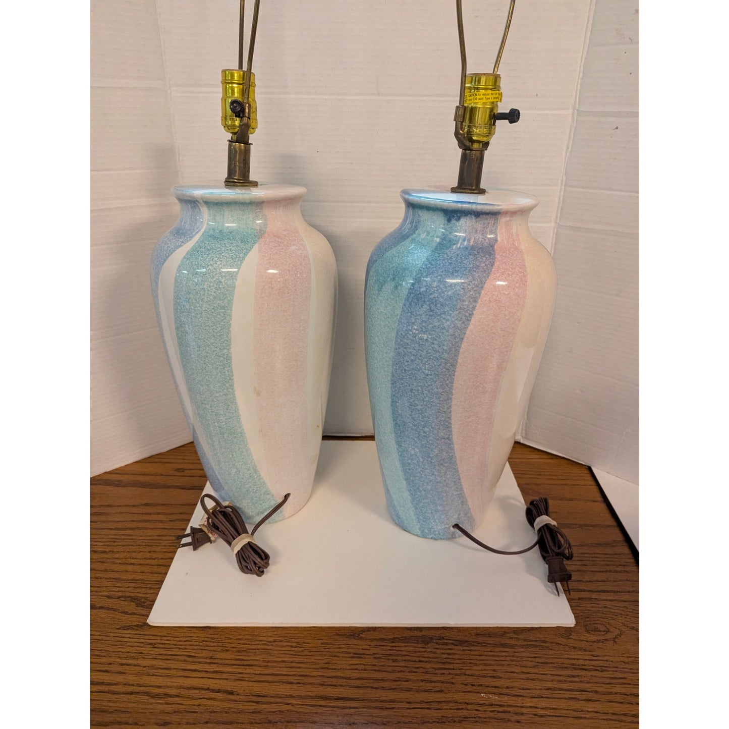 Vintage Montgomery Ward Pastel Ceramic Table Lamps Set Blue Pink Swirl Retro