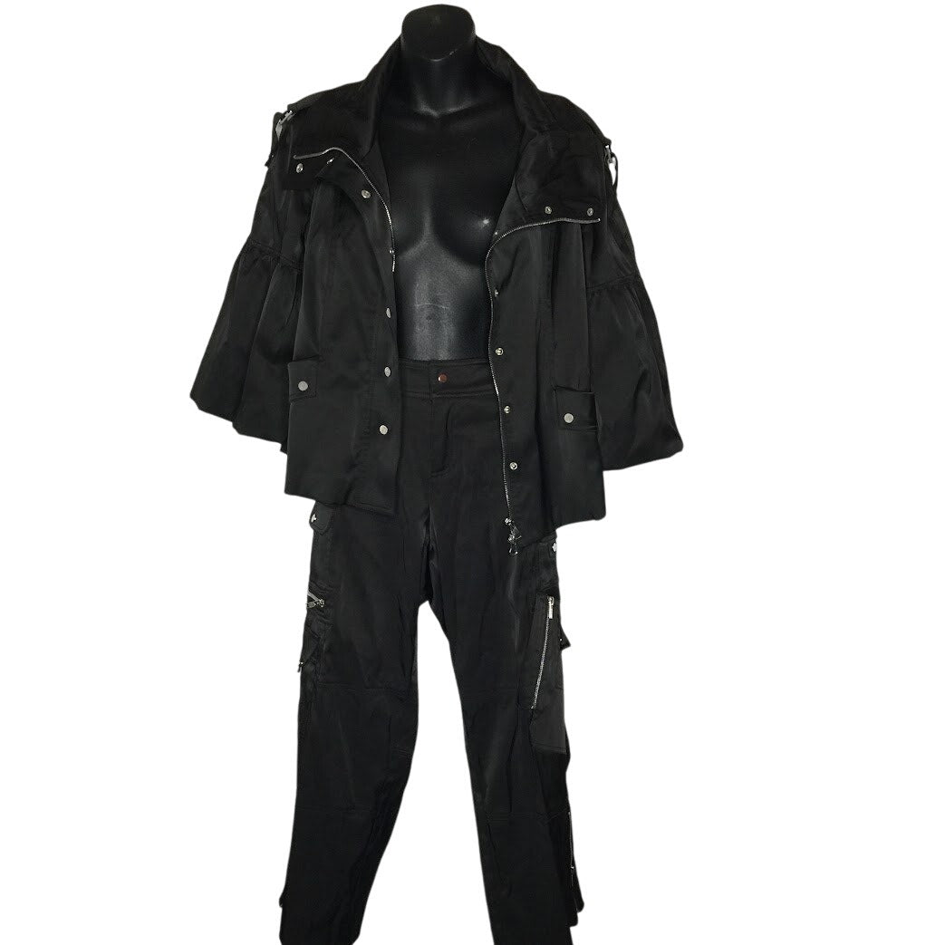 Cache 2pc Set Full Zip Cropped Jacket Flare Sleeves Black Medium Pants Multi zip