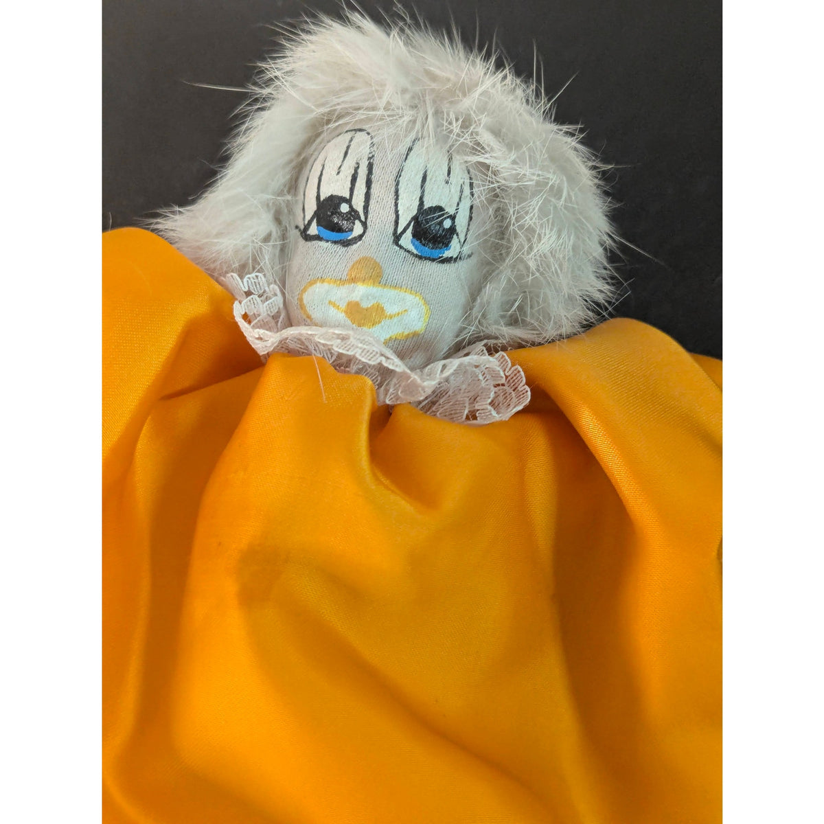 Vintage Porcelain Clown Doll Yellow Satin Jumpsuit White Faux Fur Hair