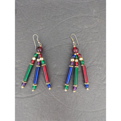 Vintage Beaded Fringe Dangle Earrings Southwestern Boho Pierced Statement
