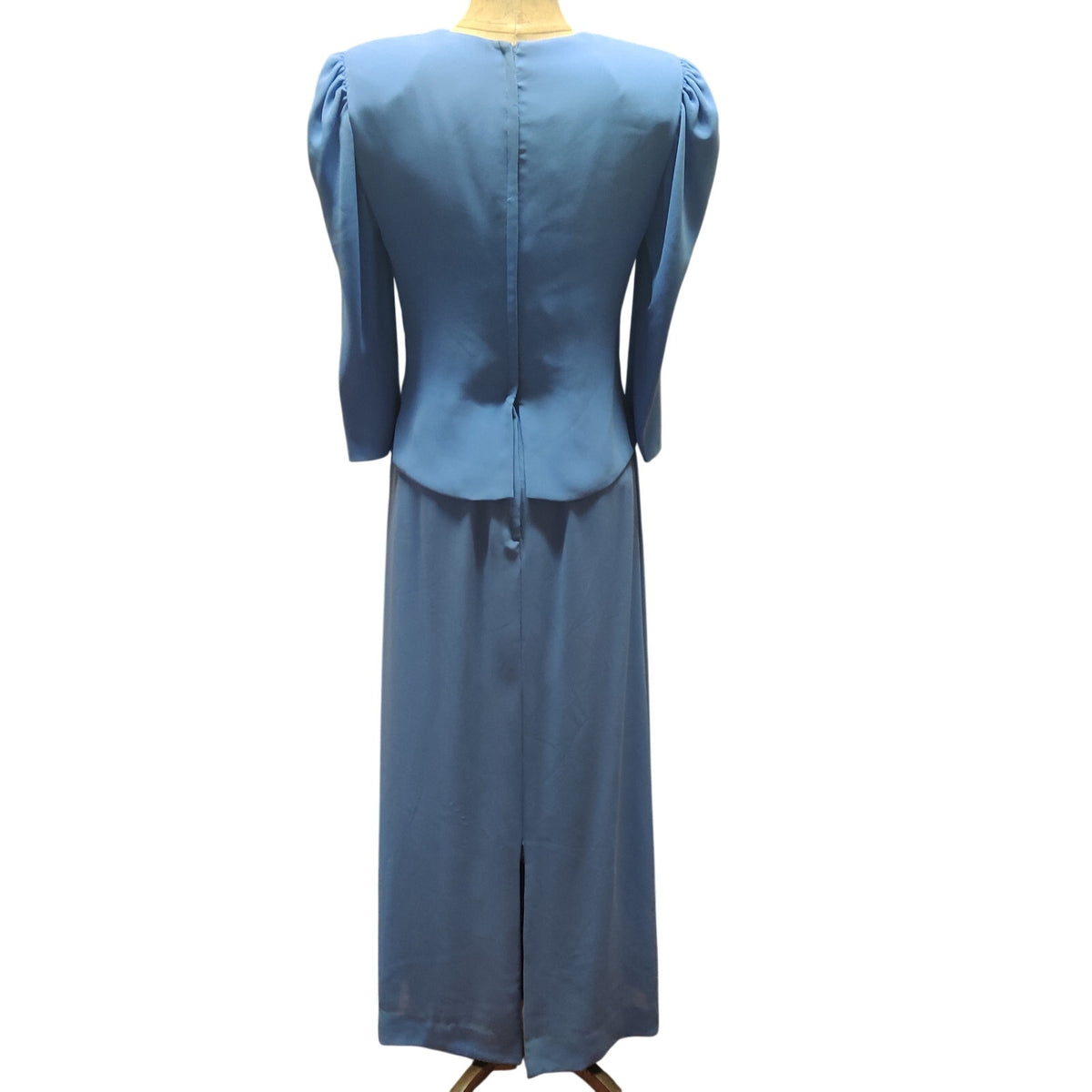 Vintage Elliette California Blue Maxi Dress 80s Shoulder Pads Pleated Regency