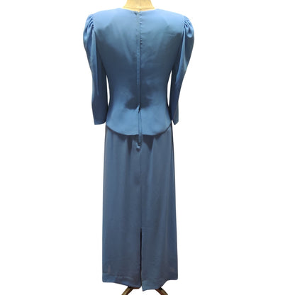 Vintage Elliette California Blue Maxi Dress 80s Shoulder Pads Pleated Regency